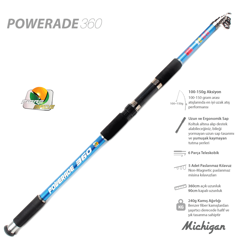 Michigan Powerade 100-150g 300-360-400cm Fiber Kamış Kırmızı - 400cm Kamış Boyu