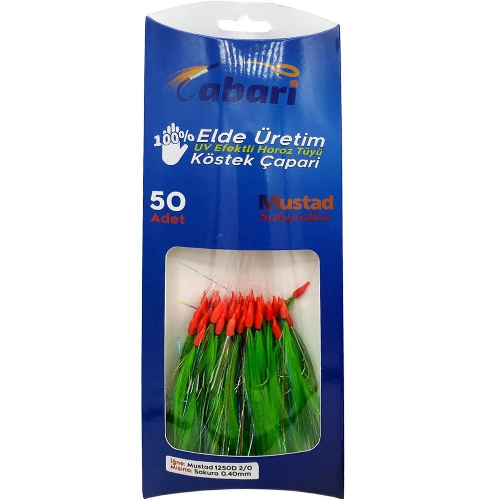 Abari SP16C Palamut kösteği, 50 Adet Mustad iğneli Fosfor Yeşili - 65cm Köstek Boyu - 2-0 No İğne