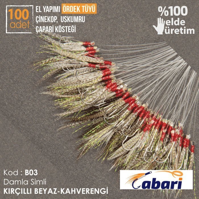 Abari Kırçıllı Ördek Tüyü Çinekop Çapari Kösteği 100 adet Beyaz B05 - 5 No BY İğne