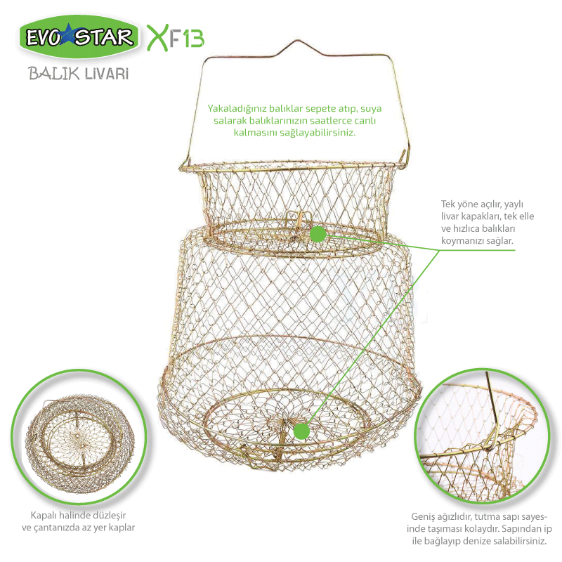 EVOSTAR XF13 Canlı Balık Livarı Katlanır Tel Sepet Sarı - 35cm