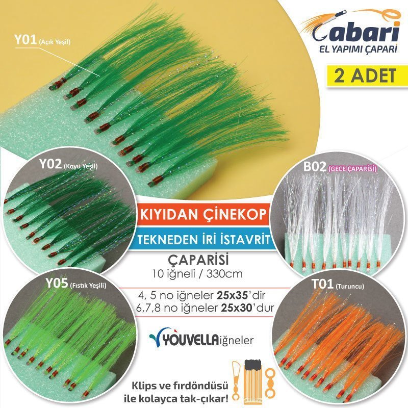 Abari Organze Floş Çinekop, İri İstavrit Çaparisi 2adet Yeşil Y05 - 5 No BY İğne