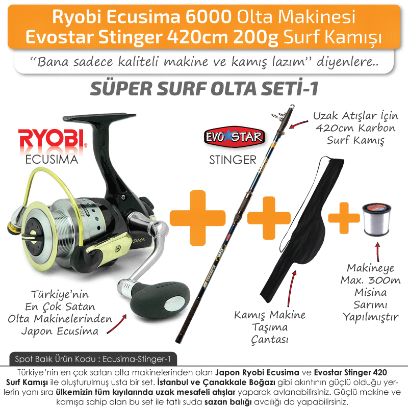 Ryobi Ecusima 6000 Makine Stinger 420 Surf Olta Takımı Seti