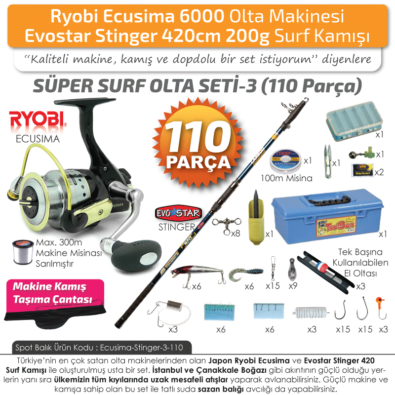 Ryobi Ecusima 6000 Makine Stinger 420 Surf Olta Takımı Seti 110P