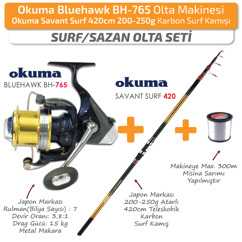 Okuma Bluehawk Makine Savant 420 250g Surf Olta Takımı Seti