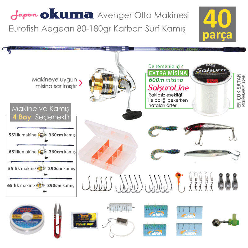 Okuma Avenger 55 65 Makine Kamış Surf Olta Takımı Seti 40SB1