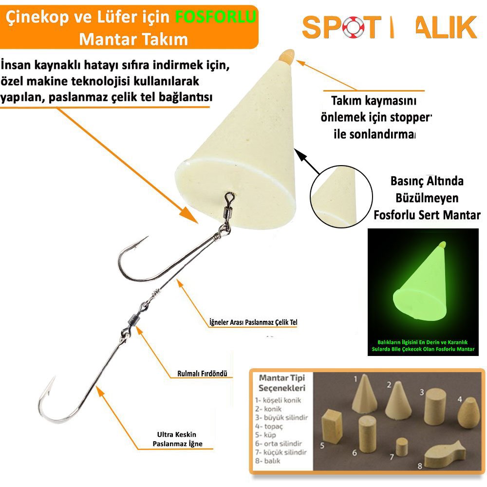 Evostar Glow Mantarlı Çelik Telli Yemli Takım 2 İğneli Konik Sarı - Konik - 6 No BY İğne